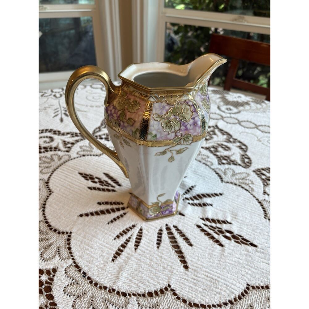 Antique Nippon Hand-painted Pitcher In Gold, White, Pink